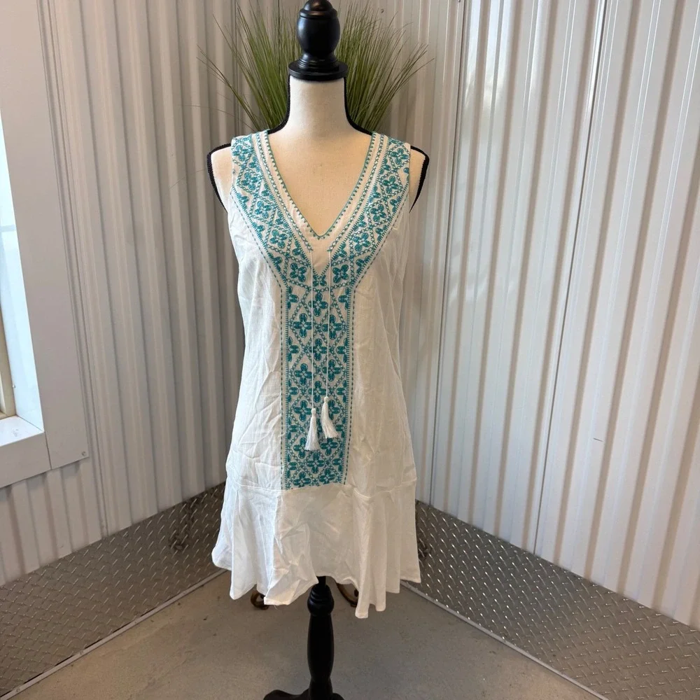 Julie Brown Selma Dress Women 6 Ivory Turquoise New Embroidered‎ Tassel Ruffle